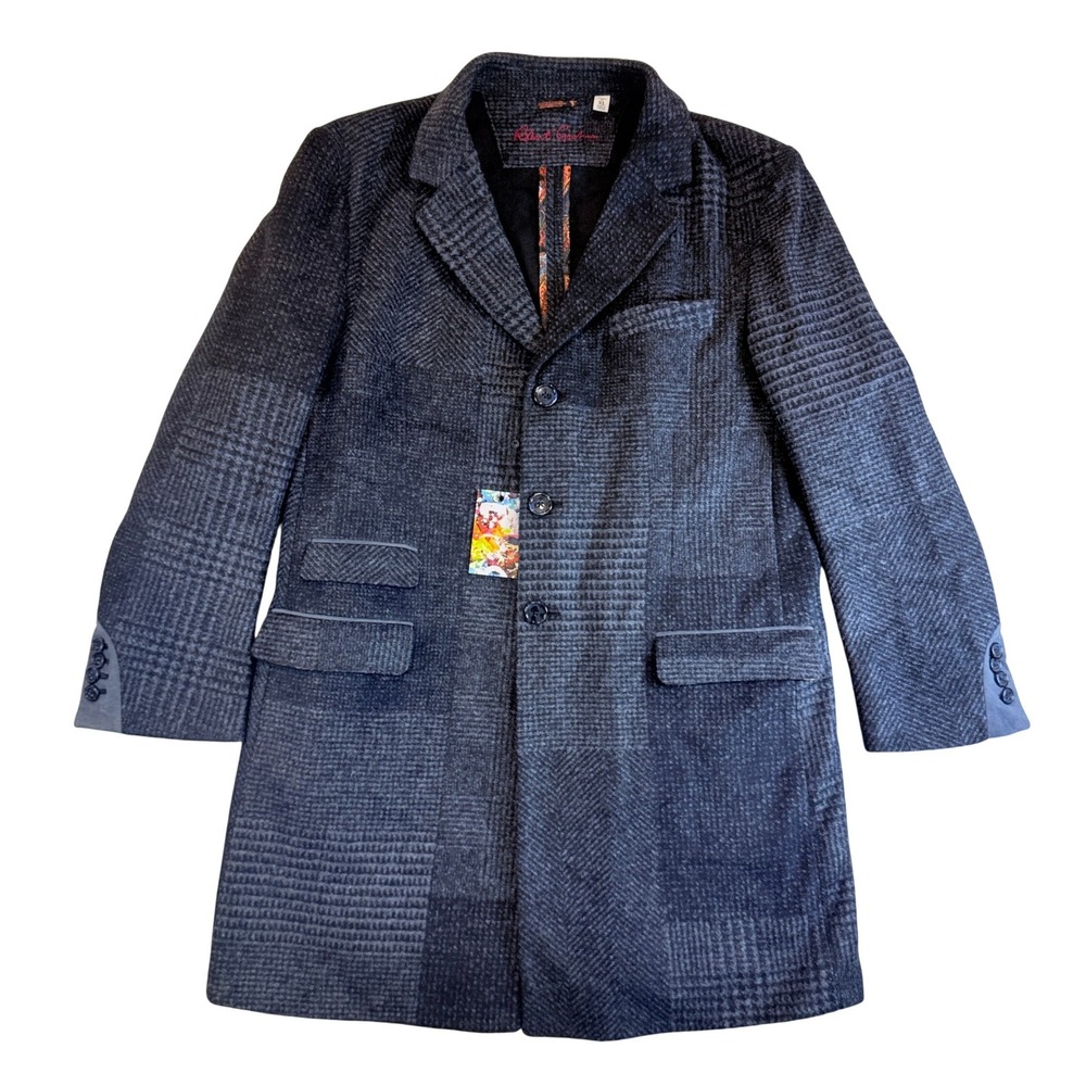Robert Graham Overcoat Men XL Navy Blue Patchwork Textured Classic Fit $598